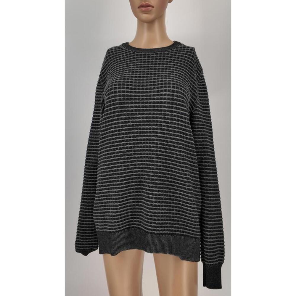 Black Gray Textured Knit Crewneck Sweater Long Sleeve Casual Fit